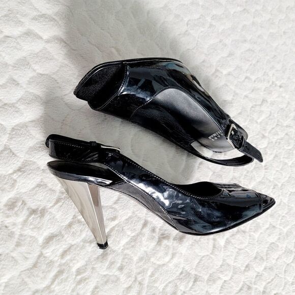 Stuart Weitzman slingback peeptoe heels two tone silver black pumps 7.5 - Picture 2 of 8
